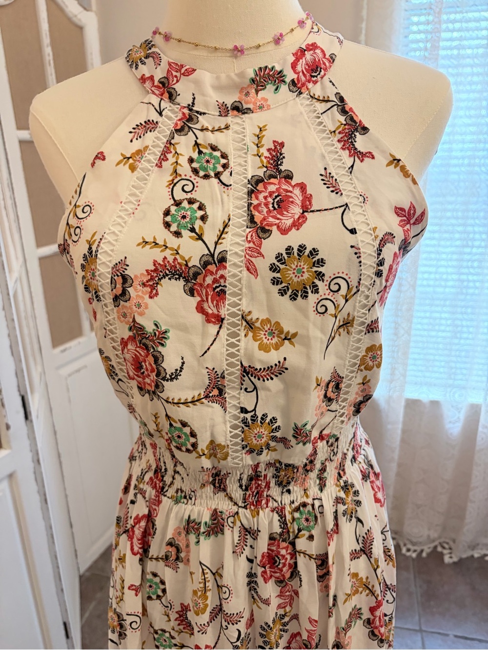 Altar’d State Floral Halter Maxi Dress Lace Trim Cream Boho Medium